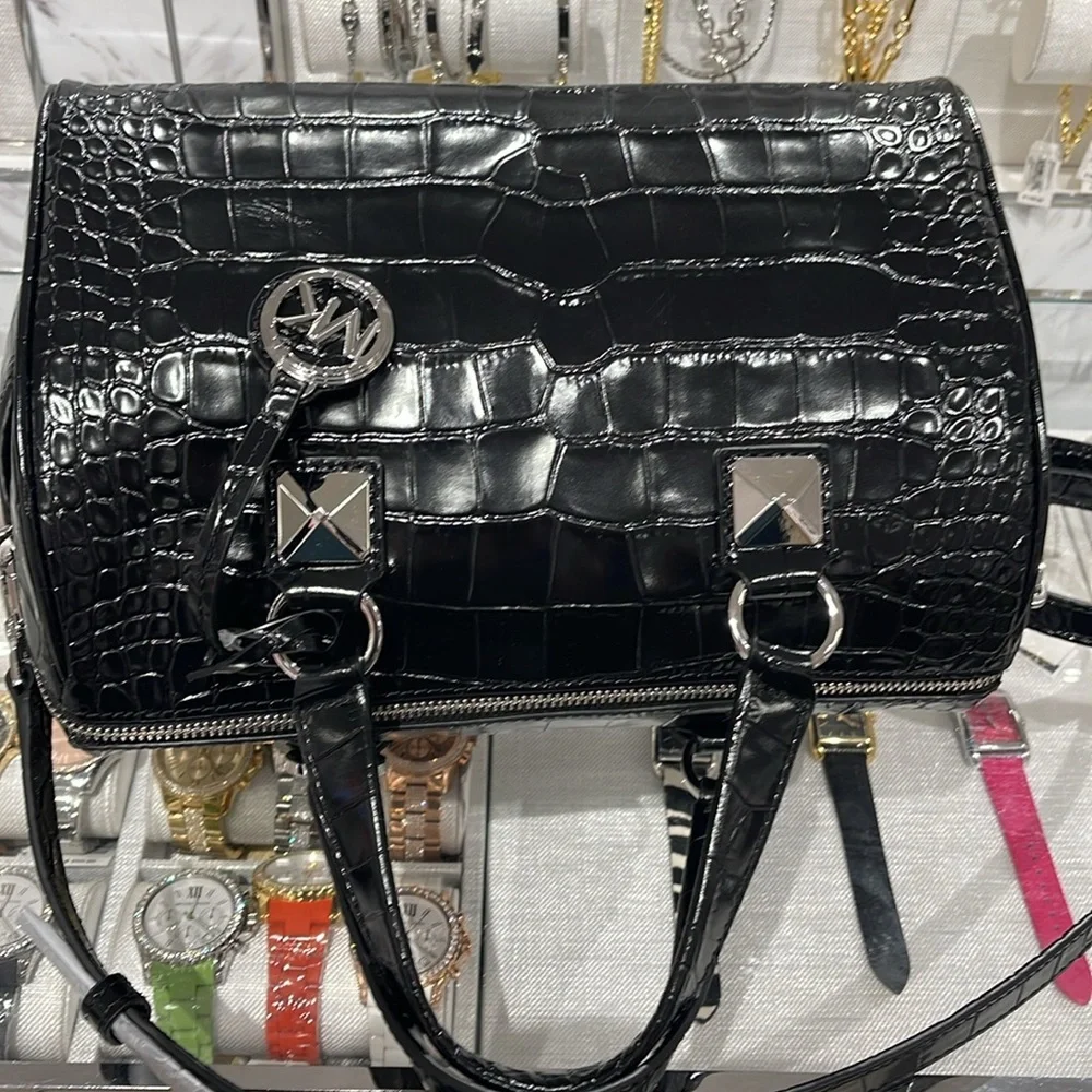 Michael Kors Grayson Medium Crocodile Embossed Leather Satchel Black  NWT